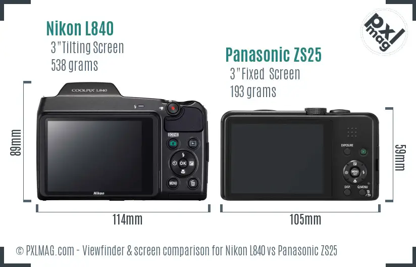 Nikon L840 vs Panasonic ZS25 Screen and Viewfinder comparison