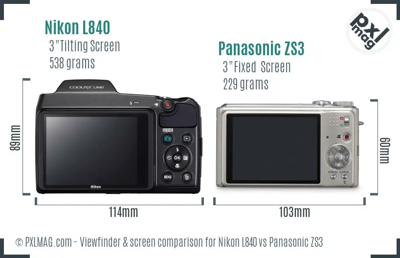 Nikon L840 vs Panasonic ZS3 Screen and Viewfinder comparison