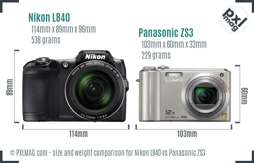 Nikon L840 vs Panasonic ZS3 size comparison