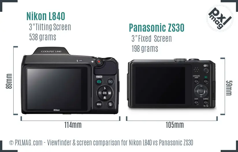 Nikon L840 vs Panasonic ZS30 Screen and Viewfinder comparison
