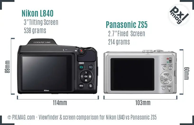 Nikon L840 vs Panasonic ZS5 Screen and Viewfinder comparison