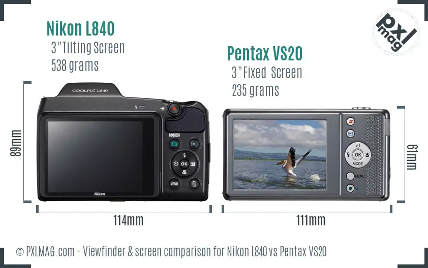 Nikon L840 vs Pentax VS20 Screen and Viewfinder comparison