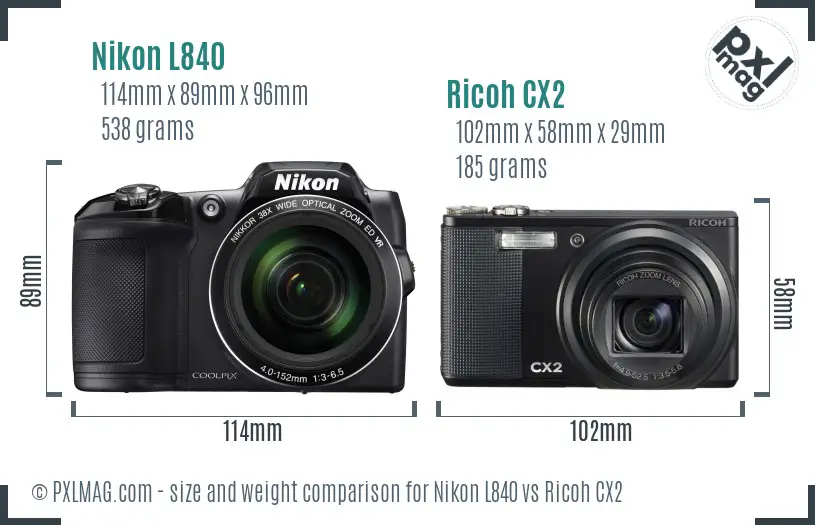 Nikon L840 vs Ricoh CX2 size comparison