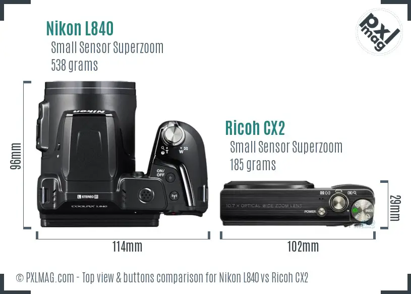 Nikon L840 vs Ricoh CX2 top view buttons comparison