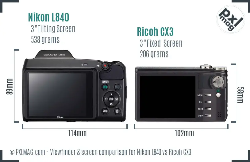 Nikon L840 vs Ricoh CX3 Screen and Viewfinder comparison