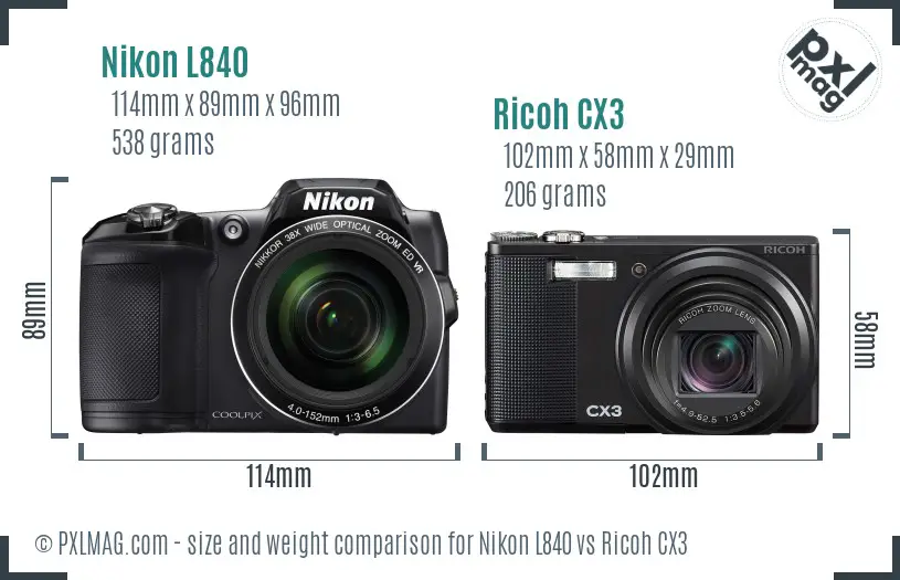 Nikon L840 vs Ricoh CX3 size comparison