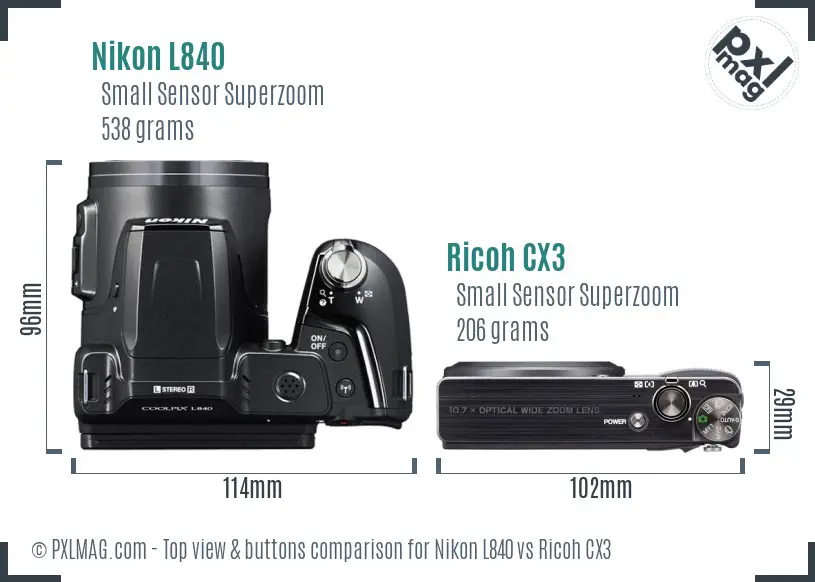 Nikon L840 vs Ricoh CX3 top view buttons comparison