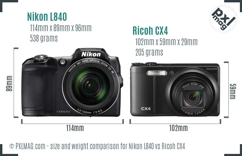 Nikon L840 vs Ricoh CX4 size comparison