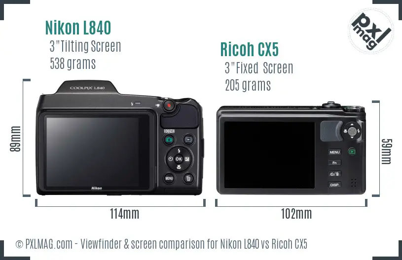 Nikon L840 vs Ricoh CX5 Screen and Viewfinder comparison
