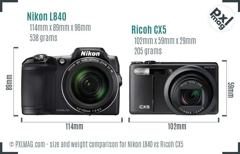 Nikon L840 vs Ricoh CX5 size comparison