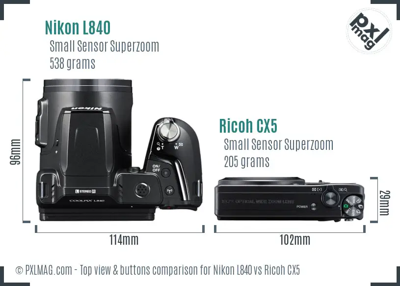 Nikon L840 vs Ricoh CX5 top view buttons comparison