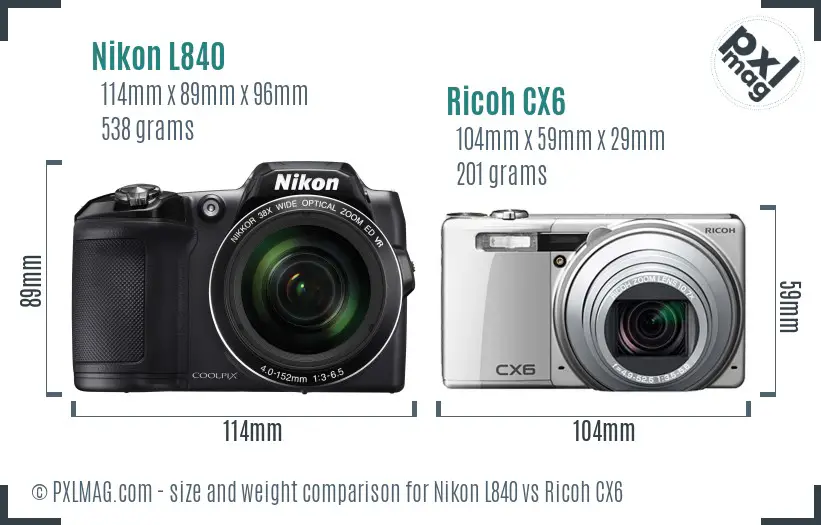 Nikon L840 vs Ricoh CX6 size comparison