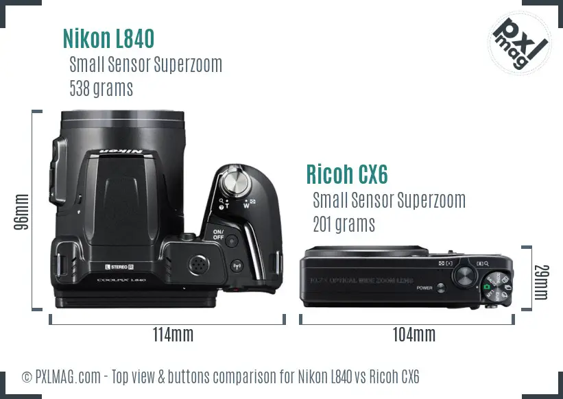 Nikon L840 vs Ricoh CX6 top view buttons comparison