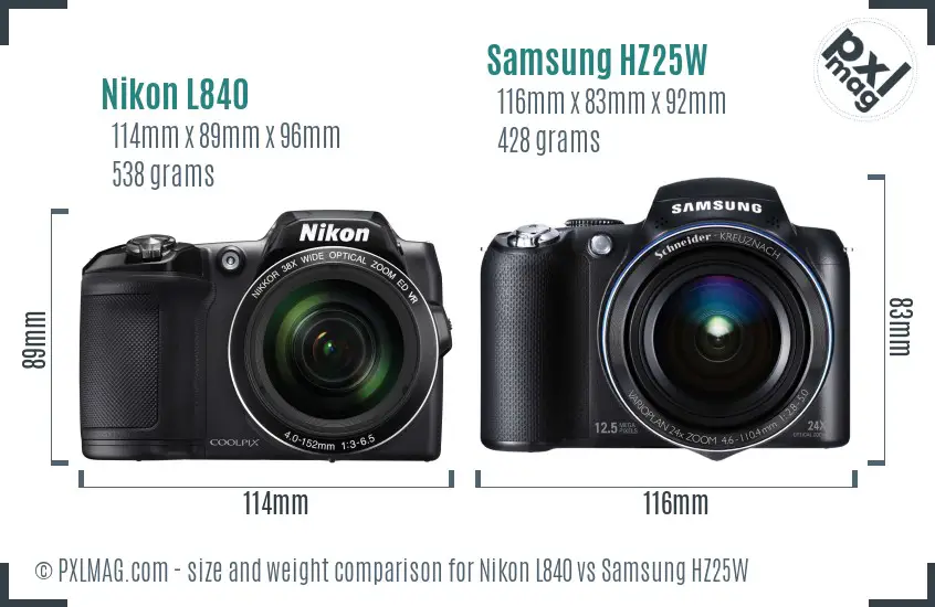 Nikon L840 vs Samsung HZ25W size comparison