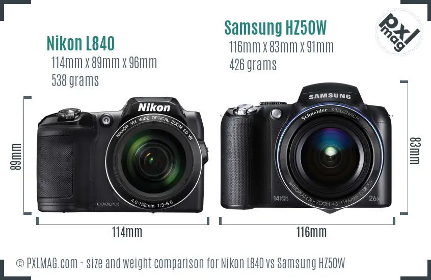 Nikon L840 vs Samsung HZ50W size comparison