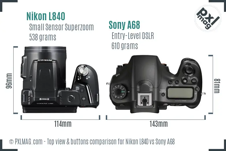 Nikon L840 vs Sony A68 top view buttons comparison