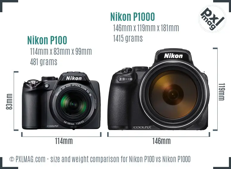 Nikon P100 vs Nikon P1000 size comparison