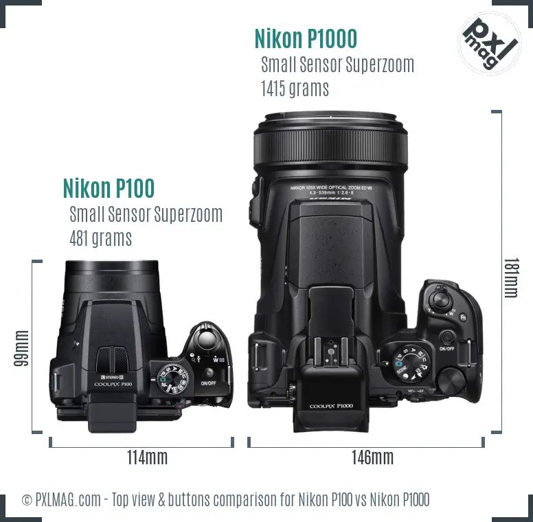 Nikon P100 vs Nikon P1000 top view buttons comparison