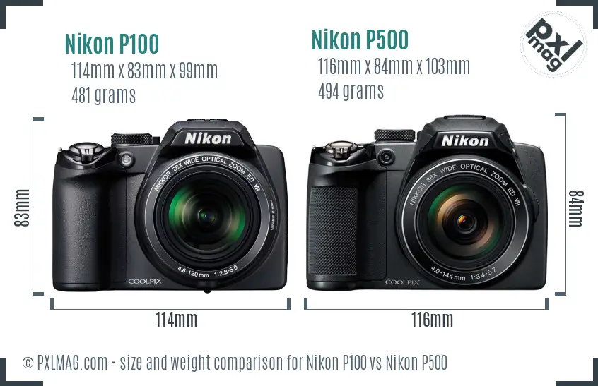 Nikon P100 vs Nikon P500 size comparison