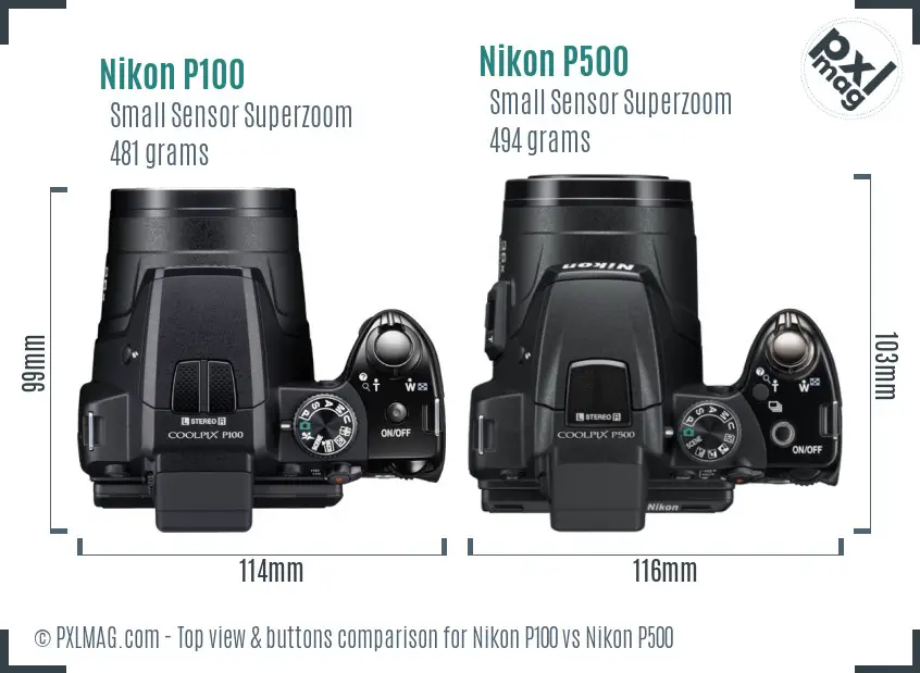 Nikon P100 vs Nikon P500 top view buttons comparison