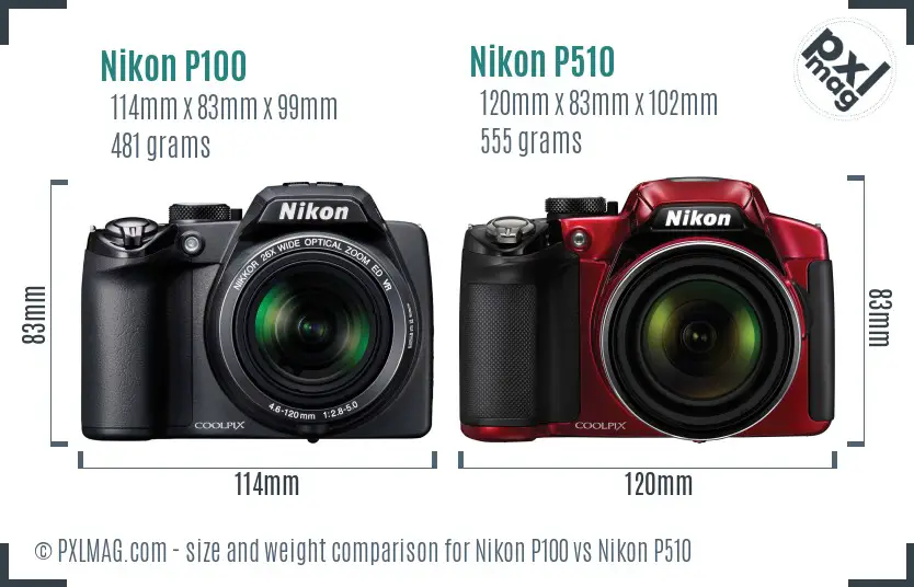 Nikon P100 vs Nikon P510 size comparison
