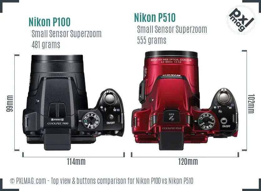 Nikon P100 vs Nikon P510 top view buttons comparison