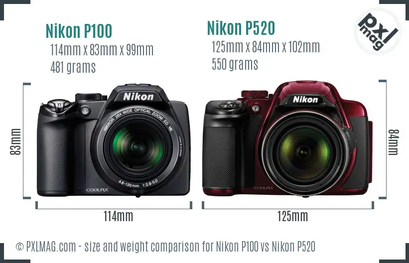 Nikon P100 vs Nikon P520 size comparison