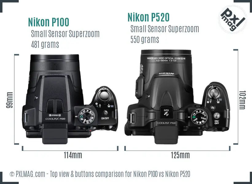 Nikon P100 vs Nikon P520 top view buttons comparison