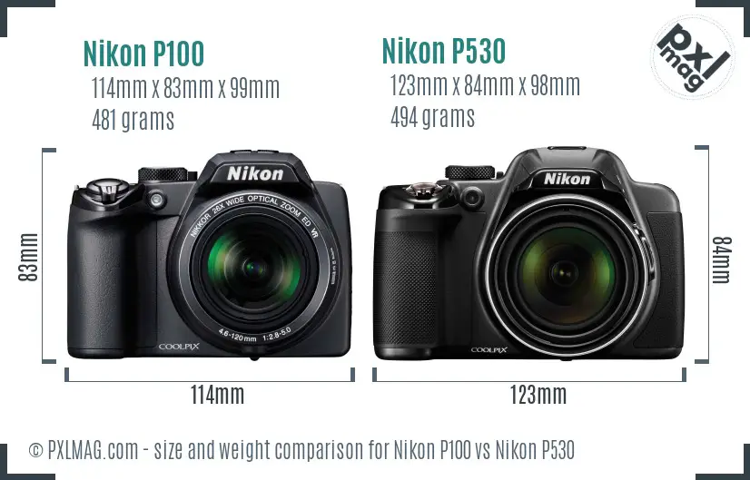Nikon P100 vs Nikon P530 size comparison
