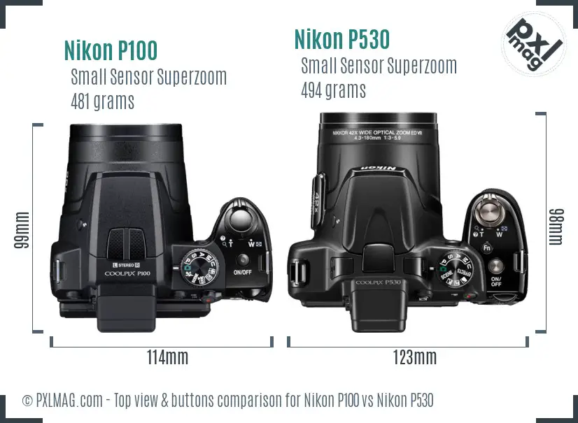 Nikon P100 vs Nikon P530 top view buttons comparison