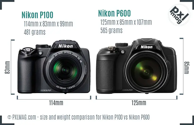 Nikon P100 vs Nikon P600 size comparison