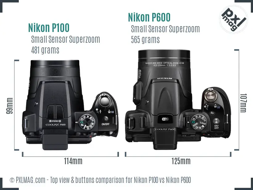 Nikon P100 vs Nikon P600 top view buttons comparison