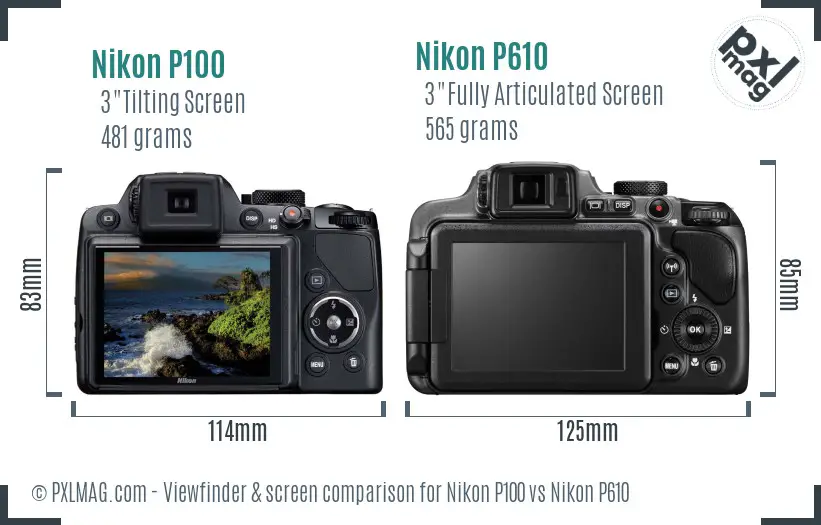 Nikon P100 vs Nikon P610 Screen and Viewfinder comparison