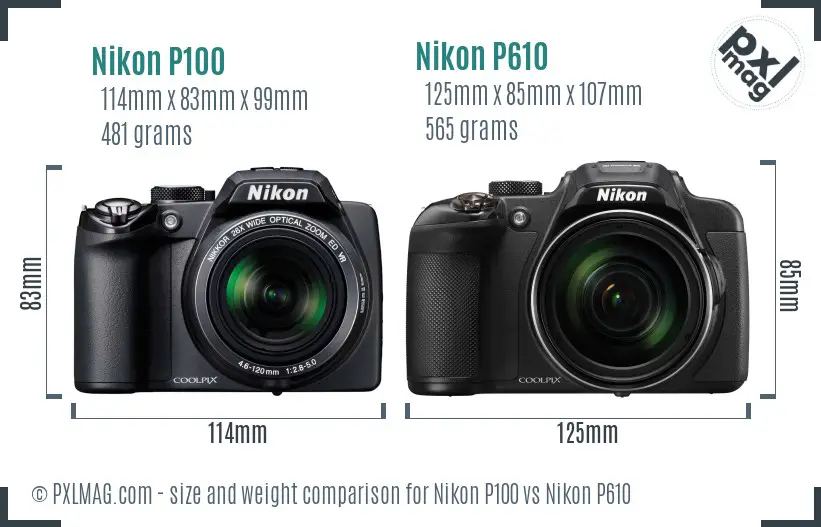 Nikon P100 vs Nikon P610 size comparison