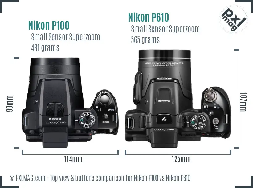 Nikon P100 vs Nikon P610 top view buttons comparison