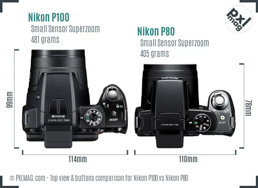 Nikon P100 vs Nikon P80 top view buttons comparison