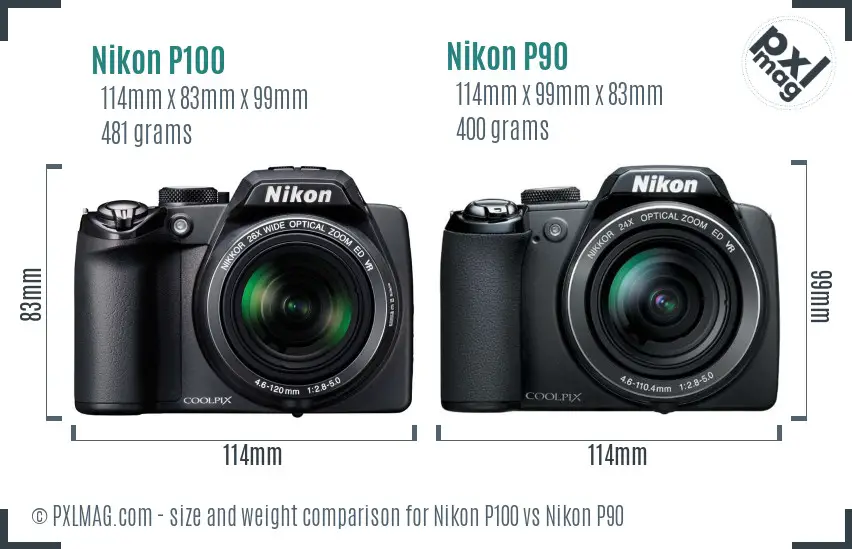 Nikon P100 vs Nikon P90 size comparison