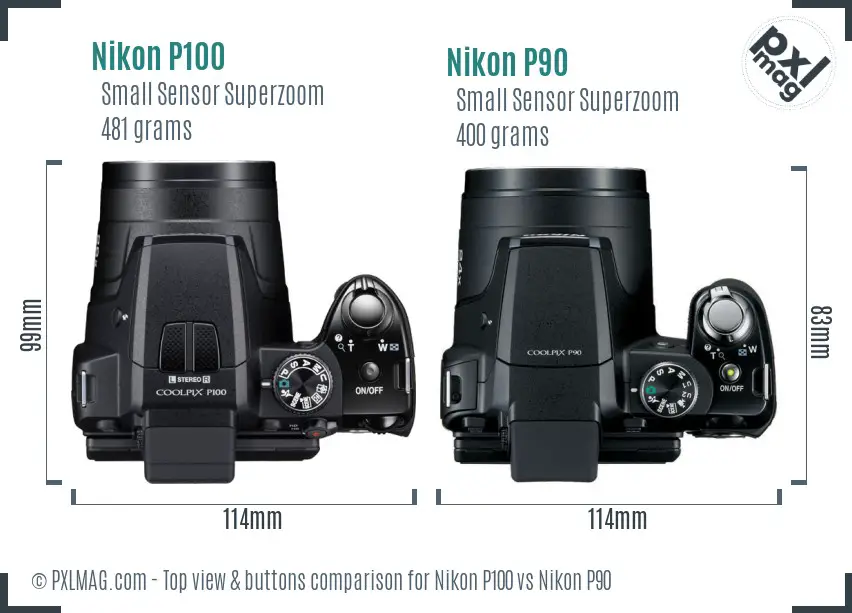 Nikon P100 vs Nikon P90 top view buttons comparison