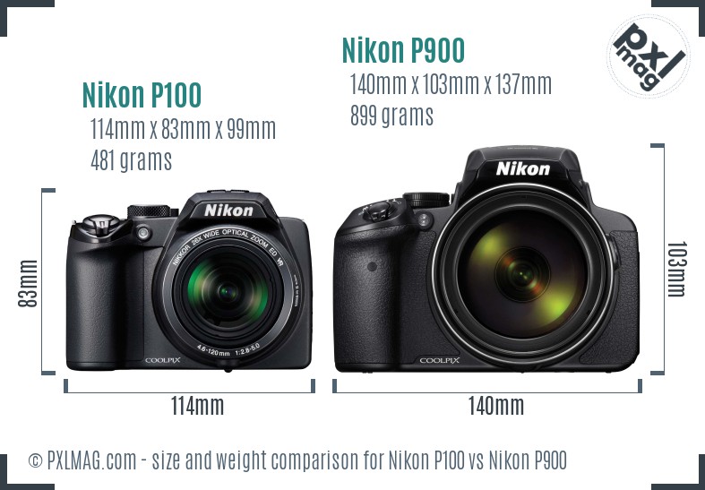Nikon P100 vs Nikon P900 size comparison