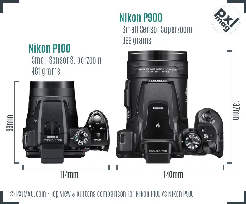 Nikon P100 vs Nikon P900 top view buttons comparison