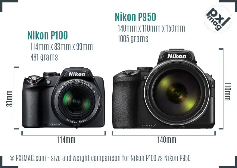 Nikon P100 vs Nikon P950 size comparison