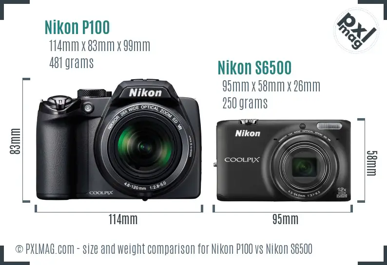 Nikon P100 vs Nikon S6500 size comparison