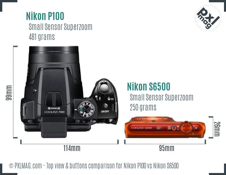 Nikon P100 vs Nikon S6500 top view buttons comparison
