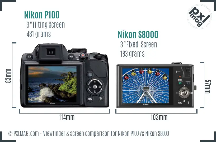Nikon P100 vs Nikon S8000 Screen and Viewfinder comparison
