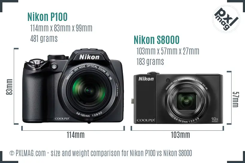 Nikon P100 vs Nikon S8000 size comparison