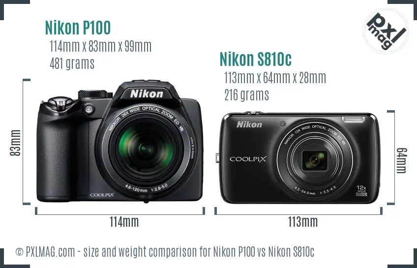 Nikon P100 vs Nikon S810c size comparison Nikon P100 vs Nikon S810c size comparison