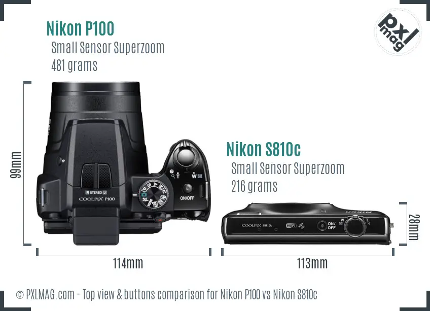Nikon P100 vs Nikon S810c top view buttons comparison Nikon P100 vs Nikon S810c top view buttons comparison