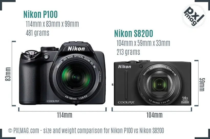 Nikon P100 vs Nikon S8200 size comparison Nikon P100 vs Nikon S8200 size comparison