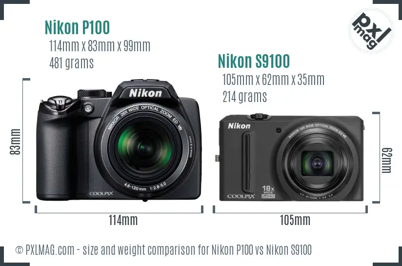 Nikon P100 vs Nikon S9100 size comparison