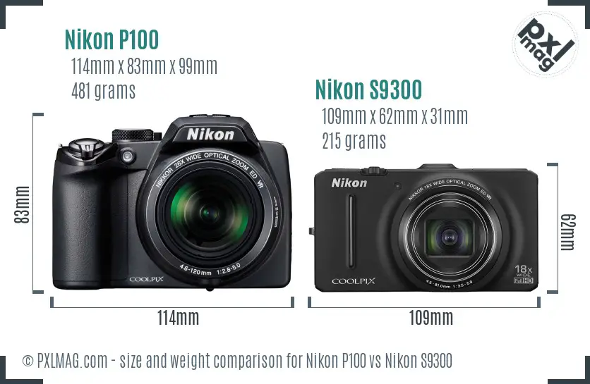 Nikon P100 vs Nikon S9300 size comparison